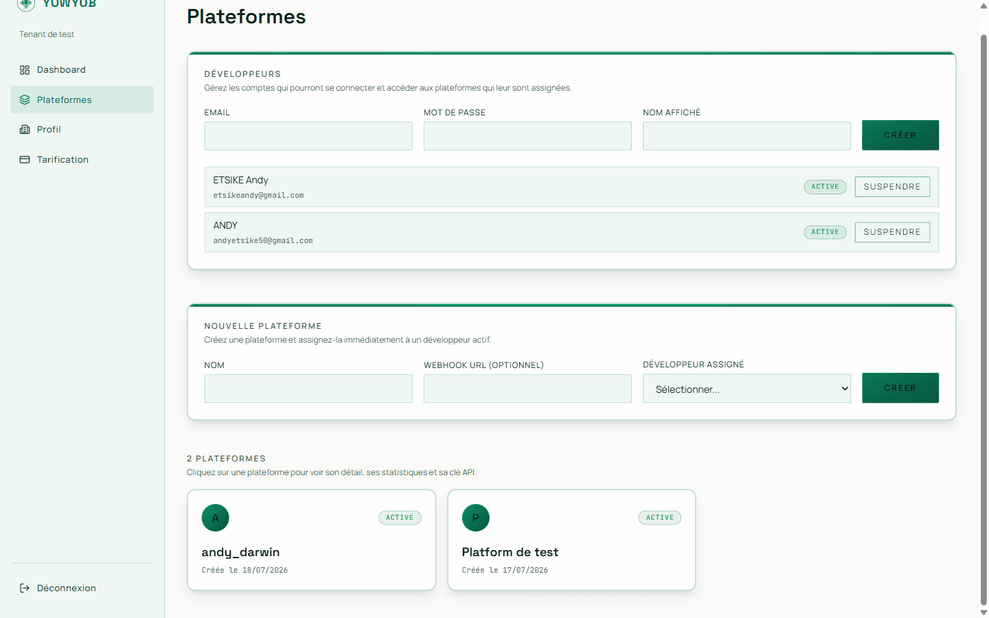 Liste des plateformes et des développeurs
