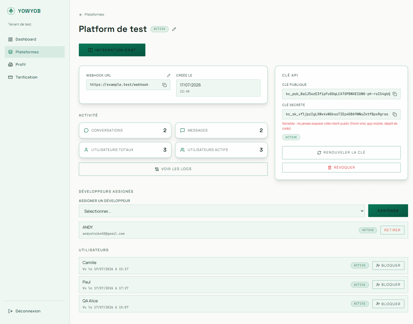 Détail d'une plateforme : clé API, webhook, développeurs