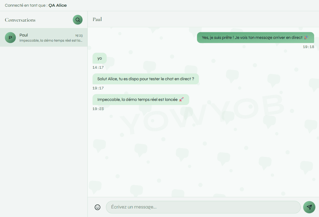 QA Alice reçoit le message en direct